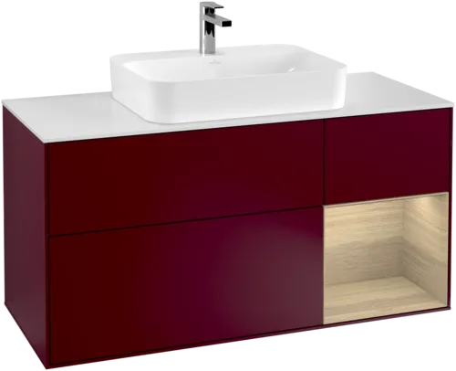 VILLEROY BOCH Toaletní skříňka Finion, s osvětlením, 3 výsuvy, 1200 x 603 x 501 mm, matný lak Peony / dubová dýha / bílé matné sklo #F421PCHB