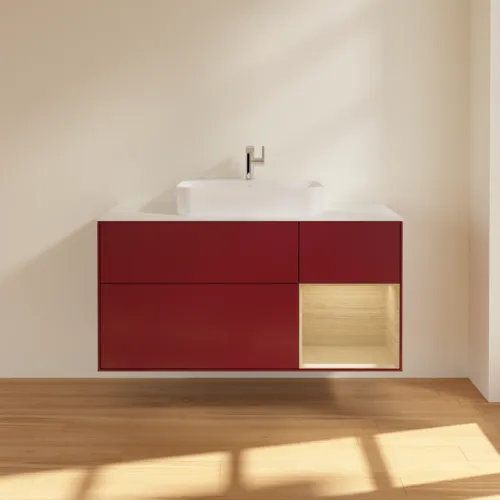 VILLEROY BOCH Toaletní skříňka Finion, s osvětlením, 3 výsuvy, 1200 x 603 x 501 mm, matný lak Peony / dubová dýha / bílé matné sklo #F421PCHB, obrázek 3