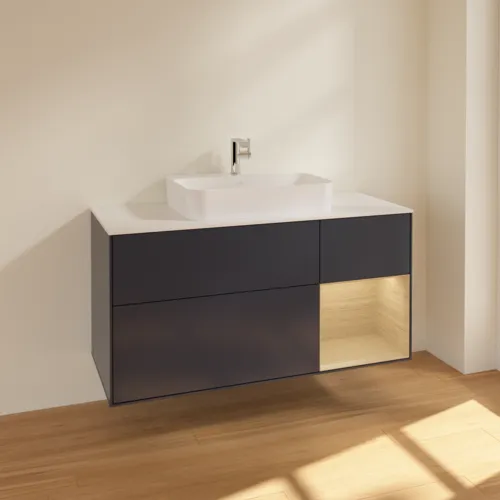 VILLEROY BOCH Toaletní skříňka Finion, s osvětlením, 3 výsuvy, 1200 x 603 x 501 mm, matný lak Midnight Blue / dubová dýha / matné bílé sklo #F421PCHG, obrázek 2