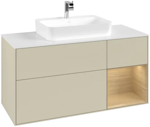 VILLEROY BOCH Toaletní skříňka Finion, s osvětlením, 3 výsuvy, 1200 x 603 x 501 mm, hedvábně šedý matný lak / dubová dýha / bílé matné sklo #F421PCHJ