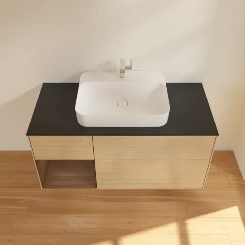 VILLEROY BOCH Toaletní stolek Finion, s osvětlením, 3 výsuvy, 1200 x 603 x 501 mm, dubová dýha / ořechová dýha / sklo černé matné #F412GNPC, obrázek 4