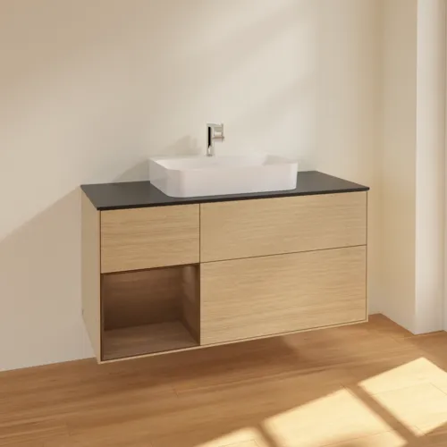 VILLEROY BOCH Toaletní stolek Finion, s osvětlením, 3 výsuvy, 1200 x 603 x 501 mm, dubová dýha / ořechová dýha / sklo černé matné #F412GNPC, obrázek 2