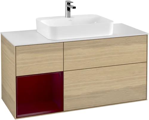 VILLEROY BOCH Toaletní skříňka Finion, s osvětlením, 3 výsuvy, 1200 x 603 x 501 mm, dubová dýha / matný lak Pivoňka / matné bílé sklo #F411HBPC