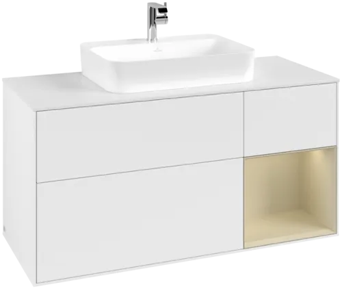 VILLEROY BOCH Toaletní skříňka Finion, s osvětlením, 3 výsuvy, 1200 x 603 x 501 mm, bílý matný lak / hedvábně šedý matný lak / bílé matné sklo #F421HJMT