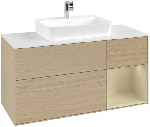 VILLEROY BOCH Toaletní skříňka Finion, s osvětlením, 3 výsuvy, 1200 x 603 x 501 mm, dubová dýha / hedvábně šedý matný lak / sklo bílé matné #F421HJPC