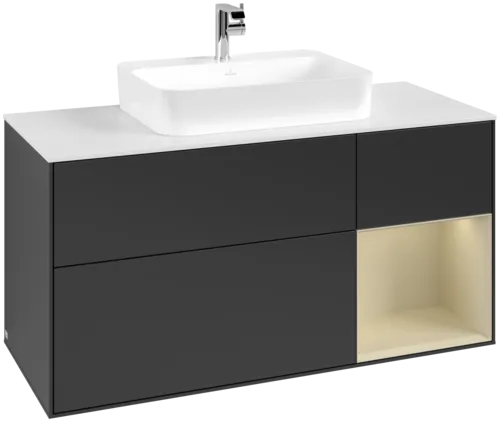 VILLEROY BOCH Toaletní skříňka Finion, s osvětlením, 3 výsuvy, 1200 x 603 x 501 mm, černý matný lak / hedvábně šedý matný lak / bílé matné sklo #F421HJPD