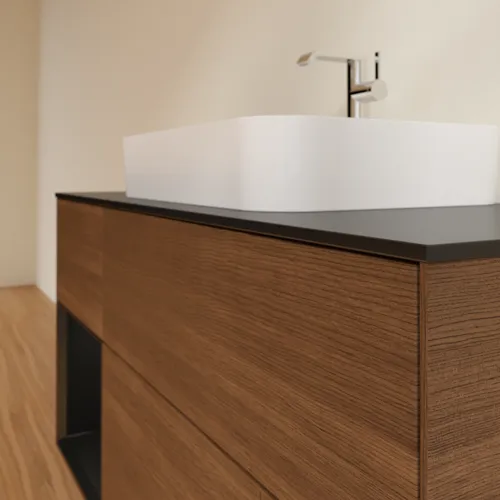VILLEROY BOCH Toaletní skříňka Finion, s osvětlením, 3 výsuvy, 1200 x 603 x 501 mm, ořechová dýha / černý matný lak / černé matné sklo #F412PDGN, obrázek 6