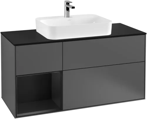 VILLEROY BOCH Toaletní skříňka Finion, s osvětlením, 3 výsuvy, 1200 x 603 x 501 mm, antracitový matný lak / černý matný lak / černé matné sklo #F412PDGK