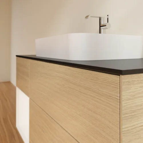 VILLEROY BOCH Toaletní skříňka Finion, s osvětlením, 3 výsuvy, 1200 x 603 x 501 mm, dubová dýha / bílý matný lak / černé matné sklo #F412MTPC, obrázek 6