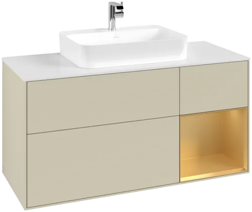 VILLEROY BOCH Toaletní skříňka Finion, s osvětlením, 3 výsuvy, 1200 x 603 x 501 mm, Silk Grey Matt Lacquer / Gold Matt Lacquer / Glass White Matt #F421HFHJ