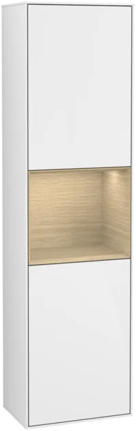 VILLEROY BOCH Vysoká skříňka Finion, s osvětlením, 2 dveře, 418 x 1516 x 270 mm, lesklý bílý lak / dubová dýha #F460PCGF