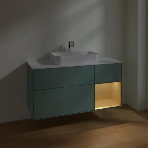 VILLEROY BOCH Toaletní skříňka Finion, s osvětlením, 3 výsuvy, 1200 x 603 x 501 mm, olivový matný lak / zlatý matný lak / bílé matné sklo #F421HFGM, obrázek 5