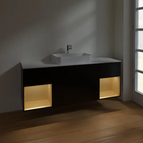 VILLEROY BOCH Toaletní skříňka Finion, s osvětlením, 4 výsuvy, 1600 x 603 x 501 mm, černý matný lak / zlatý matný lak / bílé matné sklo #F451HFPD, obrázek 3