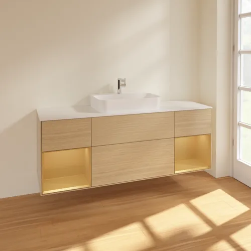 VILLEROY BOCH Toaletní skříňka Finion, s osvětlením, 4 výsuvy, 1600 x 603 x 501 mm, dubová dýha / zlatý matný lak / bílé matné sklo #F451HFPC, obrázek 2