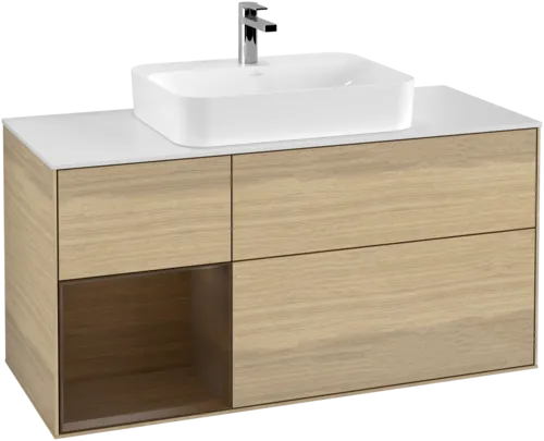 VILLEROY BOCH Toaletní skříňka Finion, s osvětlením, 3 výsuvy, 1200 x 603 x 501 mm, dubová dýha / ořechová dýha / sklo bílé matné #F411GNPC