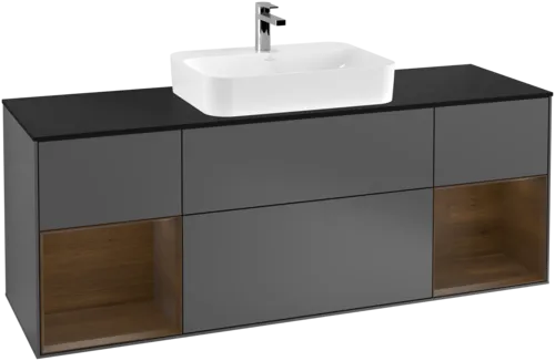 VILLEROY BOCH Toaletní skříňka Finion, s osvětlením, 4 výsuvy, 1600 x 603 x 501 mm, antracitový matný lak / ořechová dýha / černé matné sklo #F452GNGK