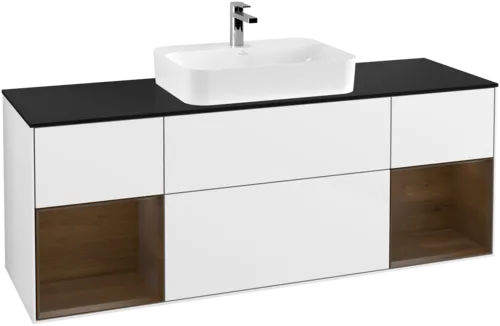VILLEROY BOCH Toaletní skříňka Finion, s osvětlením, 4 výsuvy, 1600 x 603 x 501 mm, lesklý bílý lak / ořechová dýha / černé matné sklo #F452GNGF