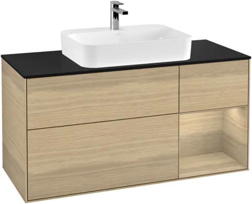 VILLEROY BOCH Toaletní stolek Finion, s osvětlením, 3 výsuvy, 1200 x 603 x 501 mm, dubová dýha / dubová dýha / sklo černé matné #F422PCPC