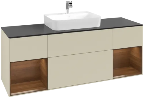 VILLEROY BOCH Toaletní skříňka Finion, s osvětlením, 4 výsuvy, 1600 x 603 x 501 mm, hedvábně šedý matný lak / ořechová dýha / černé matné sklo #F452GNHJ