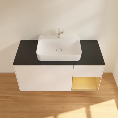 VILLEROY BOCH Toaletní skříňka Finion, s osvětlením, 3 výsuvy, 1200 x 603 x 501 mm, bílý matný lak / zlatý matný lak / černé matné sklo #F422HFMT, obrázek 4