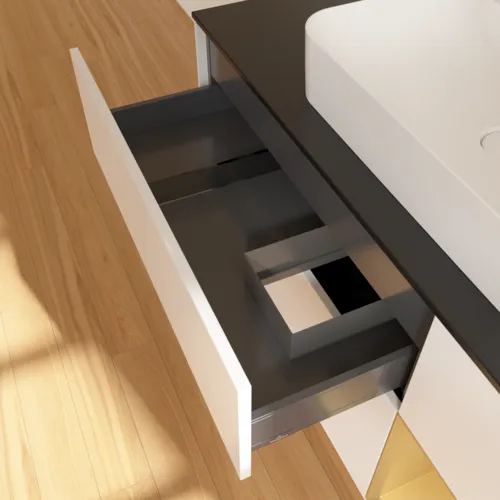 VILLEROY BOCH Toaletní skříňka Finion, s osvětlením, 3 výsuvy, 1200 x 603 x 501 mm, bílý matný lak / zlatý matný lak / černé matné sklo #F422HFMT, obrázek 8