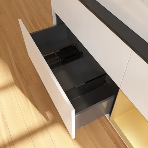 VILLEROY BOCH Toaletní skříňka Finion, s osvětlením, 3 výsuvy, 1200 x 603 x 501 mm, bílý matný lak / zlatý matný lak / černé matné sklo #F422HFMT, obrázek 7