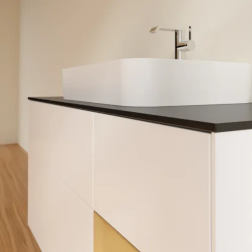 VILLEROY BOCH Toaletní skříňka Finion, s osvětlením, 3 výsuvy, 1200 x 603 x 501 mm, bílý matný lak / zlatý matný lak / černé matné sklo #F422HFMT, obrázek 6
