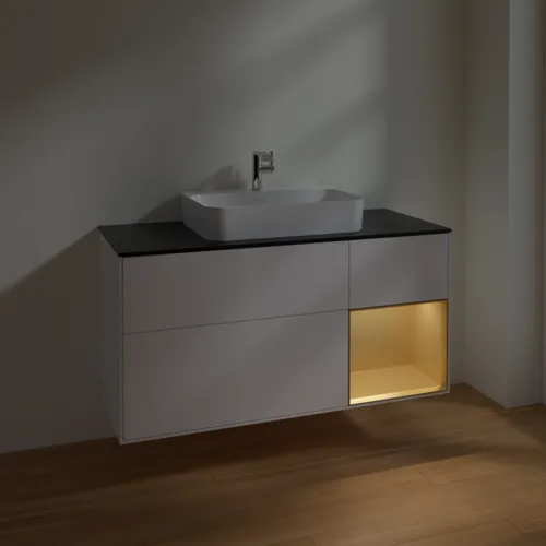 VILLEROY BOCH Toaletní skříňka Finion, s osvětlením, 3 výsuvy, 1200 x 603 x 501 mm, bílý matný lak / zlatý matný lak / černé matné sklo #F422HFMT, obrázek 5