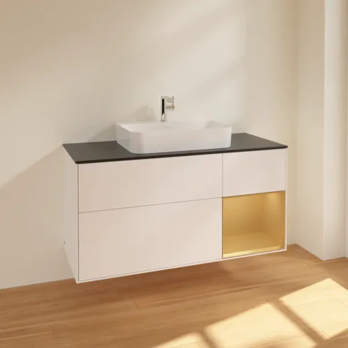 VILLEROY BOCH Toaletní skříňka Finion, s osvětlením, 3 výsuvy, 1200 x 603 x 501 mm, bílý matný lak / zlatý matný lak / černé matné sklo #F422HFMT, obrázek 2