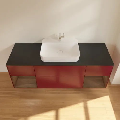 VILLEROY BOCH Toaletní skříňka Finion, s osvětlením, 4 výsuvy, 1600 x 603 x 501 mm, matný lak Peony / ořechová dýha / černé matné sklo #F452GNHB, obrázek 3