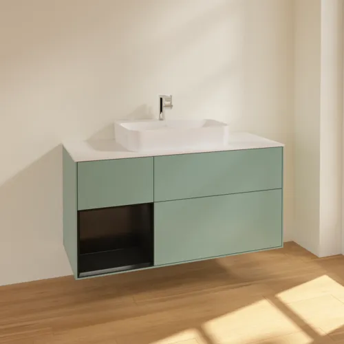 VILLEROY BOCH Toaletní skříňka Finion, s osvětlením, 3 výsuvy, 1200 x 603 x 501 mm, olivový matný lak / černý matný lak / bílé matné sklo #F411PDGM, obrázek 2