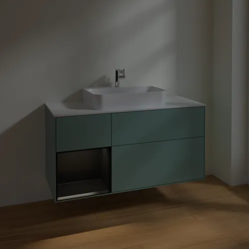 VILLEROY BOCH Toaletní skříňka Finion, s osvětlením, 3 výsuvy, 1200 x 603 x 501 mm, olivový matný lak / černý matný lak / bílé matné sklo #F411PDGM, obrázek 5