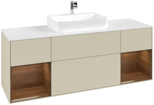 VILLEROY BOCH Toaletní skříňka Finion, s osvětlením, 4 výsuvy, 1600 x 603 x 501 mm, hedvábně šedý matný lak / ořechová dýha / sklo bílé matné #F451GNHJ