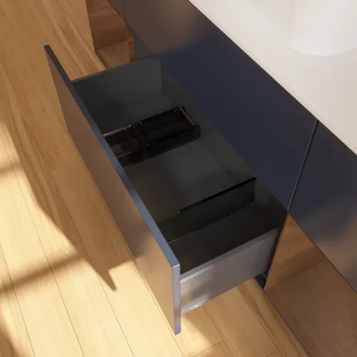 VILLEROY BOCH Toaletní skříňka Finion, s osvětlením, 4 výsuvy, 1600 x 603 x 501 mm, půlnočně modrý matný lak / ořechová dýha / sklo bílé matné #F451GNHG, obrázek 7
