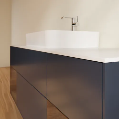 VILLEROY BOCH Toaletní skříňka Finion, s osvětlením, 4 výsuvy, 1600 x 603 x 501 mm, půlnočně modrý matný lak / ořechová dýha / sklo bílé matné #F451GNHG, obrázek 6
