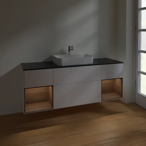 VILLEROY BOCH Toaletní skříňka Finion, s osvětlením, 4 výsuvy, 1600 x 603 x 501 mm, bílý matný lak / ořechová dýha / černé matné sklo #F452GNMT, obrázek 2