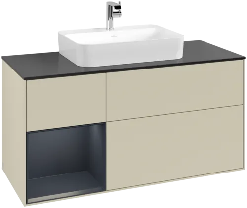 VILLEROY BOCH Toaletní skříňka Finion, s osvětlením, 3 výsuvy, 1200 x 603 x 501 mm, Silk Grey Matt Lacquer / Midnight Blue Matt Lacquer / Glass Black Matt #F412HGHJ