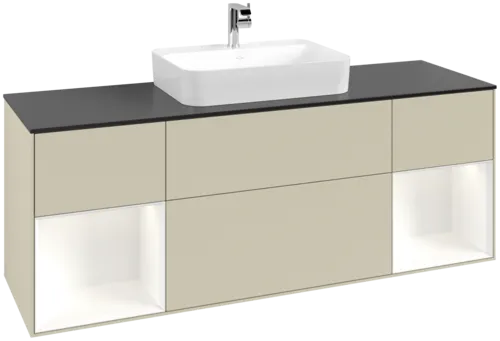 VILLEROY BOCH Toaletní skříňka Finion, s osvětlením, 4 výsuvy, 1600 x 603 x 501 mm, hedvábně šedý matný lak / bílý matný lak / černé matné sklo #F452MTHJ