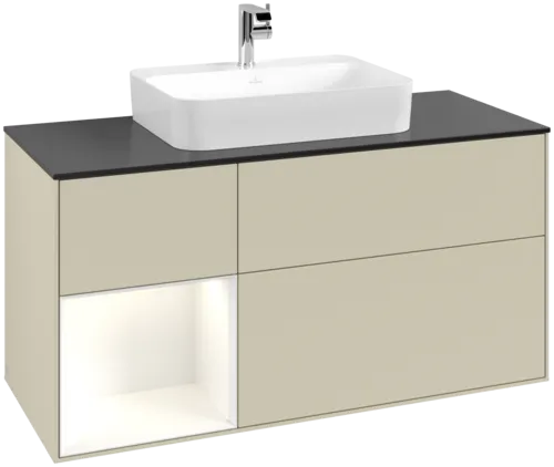 VILLEROY BOCH Toaletní skříňka Finion, s osvětlením, 3 výsuvy, 1200 x 603 x 501 mm, hedvábně šedý matný lak / lesklý bílý lak / černé matné sklo #F412GFHJ
