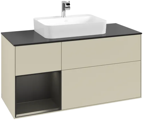 VILLEROY BOCH Toaletní skříňka Finion, s osvětlením, 3 výsuvy, 1200 x 603 x 501 mm, hedvábně šedý matný lak / černý matný lak / černé matné sklo #F412PDHJ