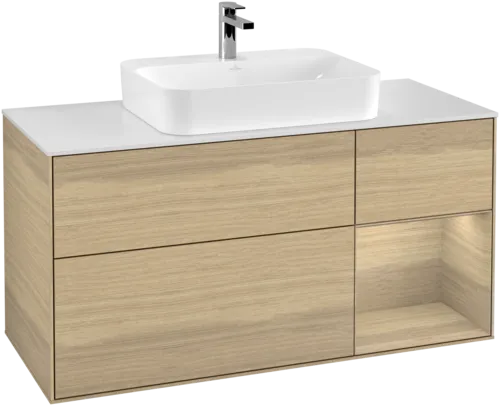 VILLEROY BOCH Toaletní skříňka Finion, s osvětlením, 3 výsuvy, 1200 x 603 x 501 mm, dubová dýha / dubová dýha / sklo bílé matné #F421PCPC