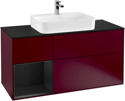 VILLEROY BOCH Toaletní skříňka Finion, s osvětlením, 3 výsuvy, 1200 x 603 x 501 mm, Peony Matt Lacquer / Black Matt Lacquer / Glass Black Matt #F412PDHB