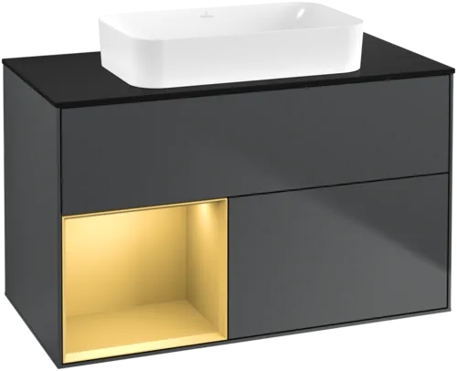 VILLEROY BOCH Toaletní skříňka Finion, s osvětlením, 2 výsuvy, 1000 x 603 x 501 mm, Midnight Blue Matt Lacquer / Gold Matt Lacquer / Glass Black Matt #F652HFHG