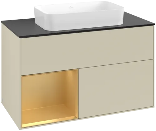 VILLEROY BOCH Toaletní skříňka Finion, s osvětlením, 2 výsuvy, 1000 x 603 x 501 mm, Silk Grey Matt Lacquer / Gold Matt Lacquer / Glass Black Matt #F652HFHJ