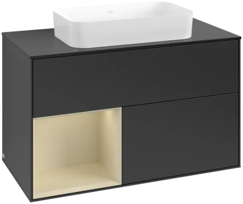 VILLEROY BOCH Toaletní skříňka Finion, s osvětlením, 2 výsuvy, 1000 x 603 x 501 mm, černý matný lak / hedvábně šedý matný lak / černé matné sklo #F652HJPD