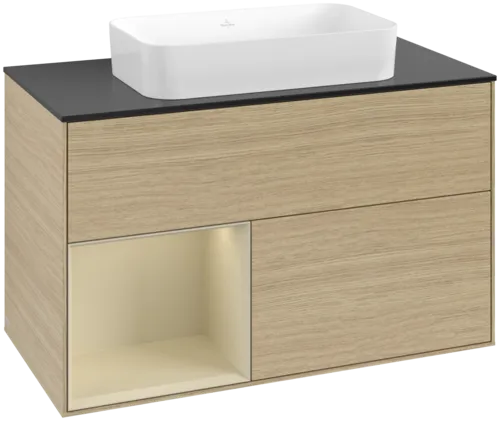 VILLEROY BOCH Toaletní skříňka Finion, s osvětlením, 2 výsuvy, 1000 x 603 x 501 mm, dubová dýha / hedvábně šedý matný lak / sklo černé matné #F652HJPC