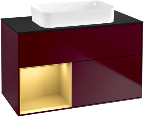 VILLEROY BOCH Toaletní skříňka Finion, s osvětlením, 2 výsuvy, 1000 x 603 x 501 mm, Peony Matt Lacquer / Gold Matt Lacquer / Glass Black Matt #F652HFHB