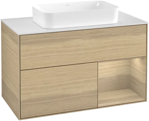 VILLEROY BOCH Toaletní skříňka Finion, s osvětlením, 2 výsuvy, 1000 x 603 x 501 mm, dubová dýha / dubová dýha / sklo bílé matné #F661PCPC