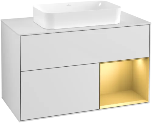 VILLEROY BOCH Toaletní skříňka Finion, s osvětlením, 2 výsuvy, 1000 x 603 x 501 mm, bílý matný lak / zlatý matný lak / sklo bílé matné #F661HFMT