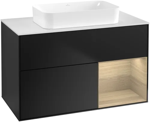 VILLEROY BOCH Toaletní skříňka Finion, s osvětlením, 2 výsuvy, 1000 x 603 x 501 mm, černý matný lak / dubová dýha / sklo bílé matné #F661PCPD